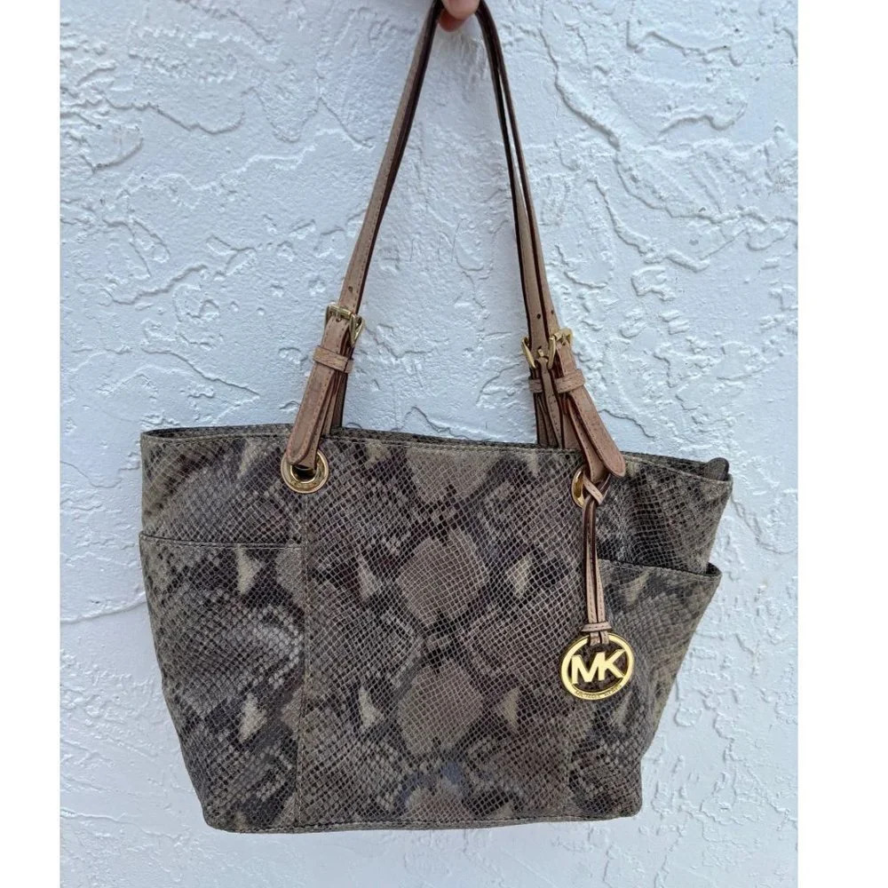 Michael Kors Womens Python Jet Exotic Travel Shoulder Bag Beige Size 15"x10"